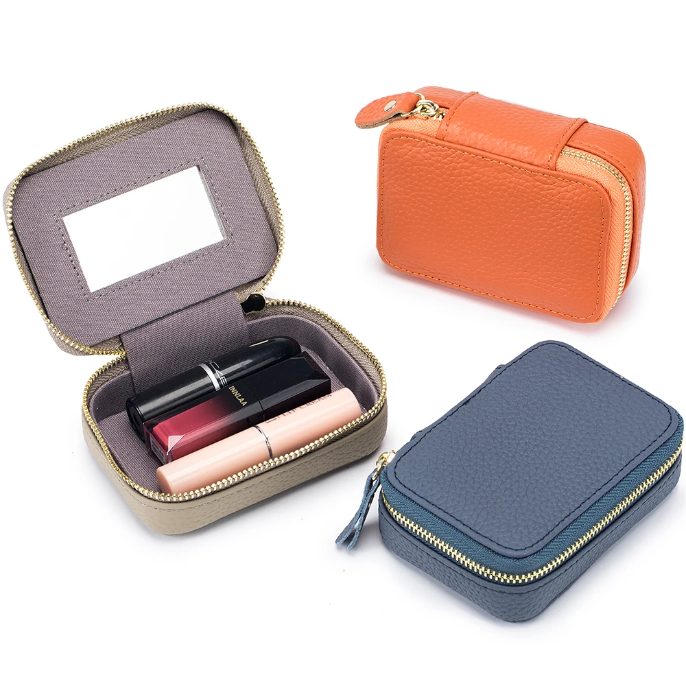 Small Makeup Bag Outdoor Makeup Pouch Genuine Leather Lipstick Lip Case Zipper Cosmetic Organizer Purse with Mirror for Women