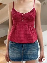 New Red Plaid Sweet Tank Top Woman Lace Trim3  Buttons V-neck Back Lace-up Chic Camis Summer Vintage Streetwear Y2K Crop Tops