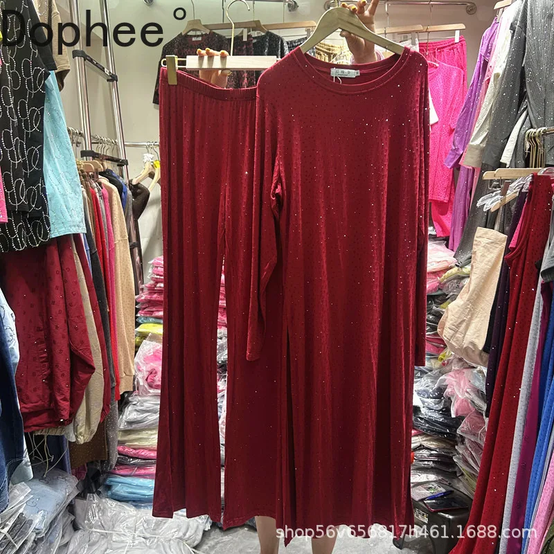 

Full Diamonds Hot Drilling Women Sets Luxury Solid Color Long Sleeve Mid-long Dress Top + Elastic Waist Casual Long Trousers
