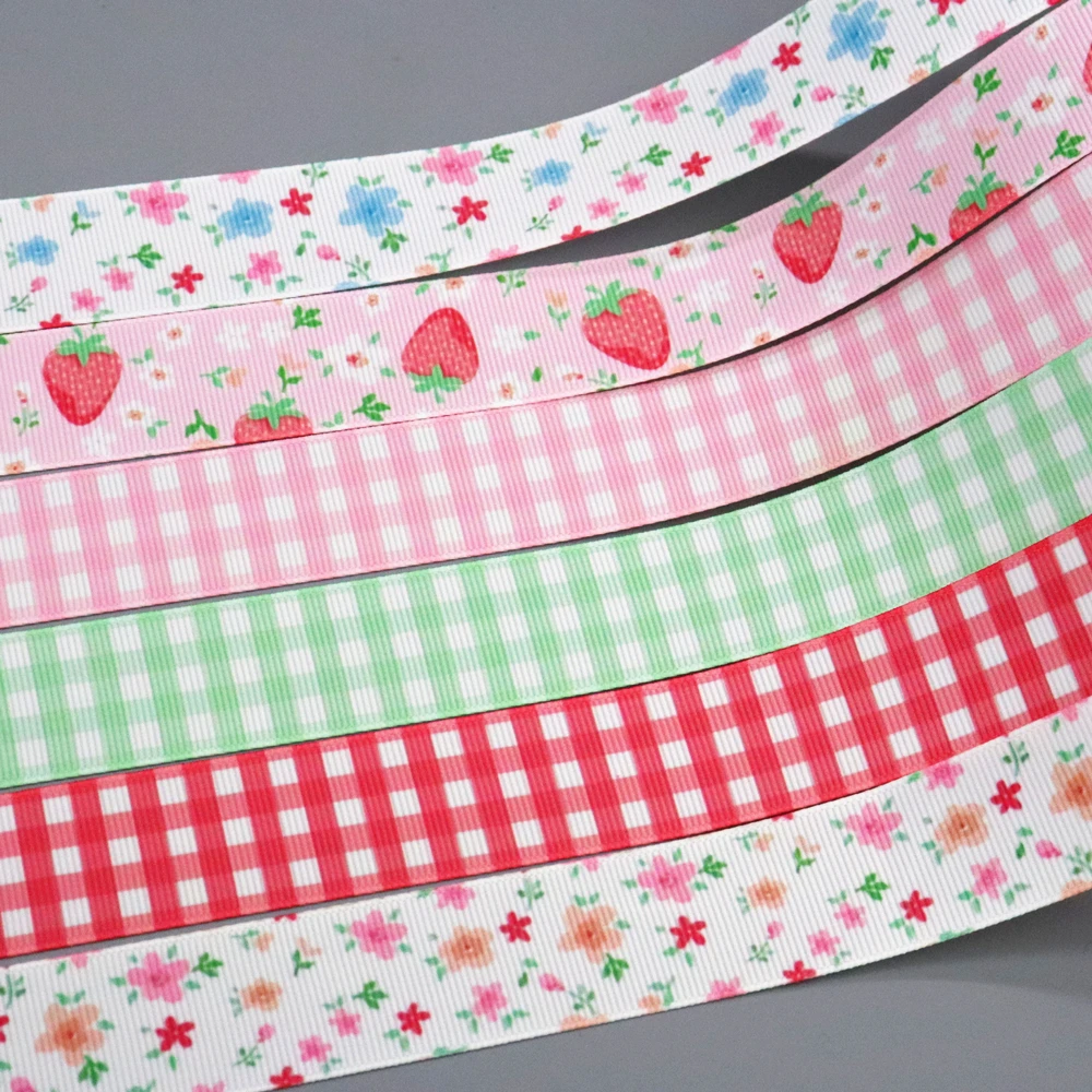 DHK 50yards Plaid Check Flower Strawberry Fresh Printed Grosgrain Ribbon Accessories Collar DIY Sewing Craft Decoration S2740
