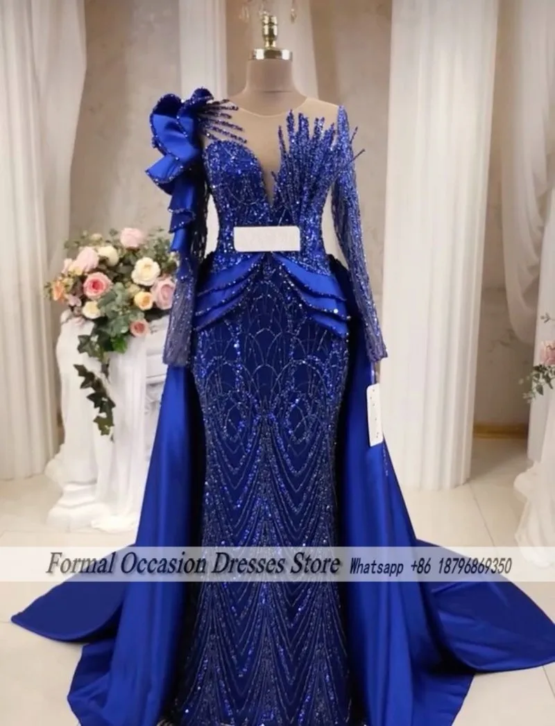 Luxury Blue Evening Dresses Detachable Train Sequin Long Sleeves Dubai Wedding Party Dress Mermaid Prom Gowns  Customizde