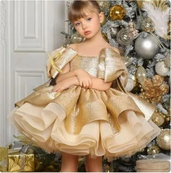 Geschwollene Gold Satin Blumen mädchen Kleider knielang Glitzer Hochzeits feier Kleid Bogen Kleinkind Baby Geburtstag Festzug Ballett Tutu Kleid