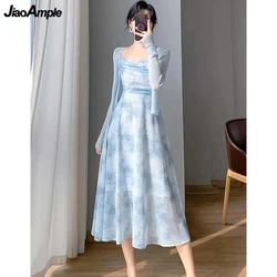 Women Graceful Summer Thin Knit Shirts Sling Chiffon Dress 1 or Two Piece Set Korean Lady Print Camisole Dresses Tops Outfits