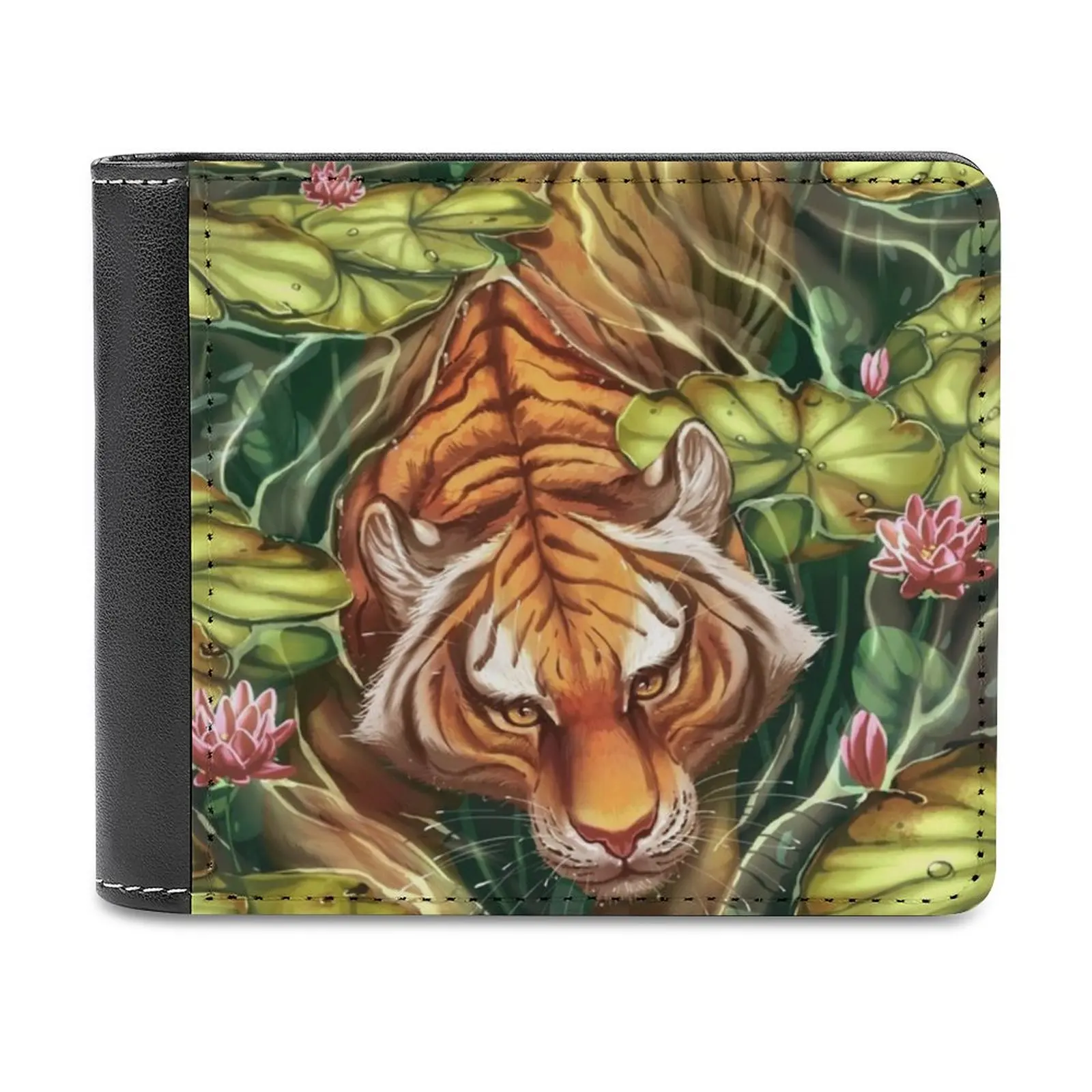 Tiger In The Lillies Leather Wallet Men's Wallet Diy Personalized Purse Father'S Day Gift Tiger Lillies Big Cat Cat Water Lily