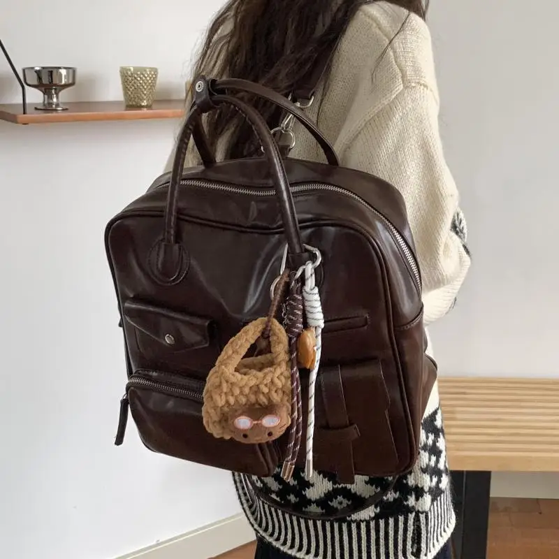 

Fashion New Patent Leather Glossy Multi Pocket Design Square Backpacks Simple Casual Versatile Large Capacity Portable Women Bag