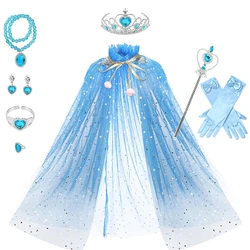 Kid Elsa Anna Cosplay Princess Cloak Halloween Carnival Girl Crown Wand Necklace Earrings Rings Gloves Set Accessories Props