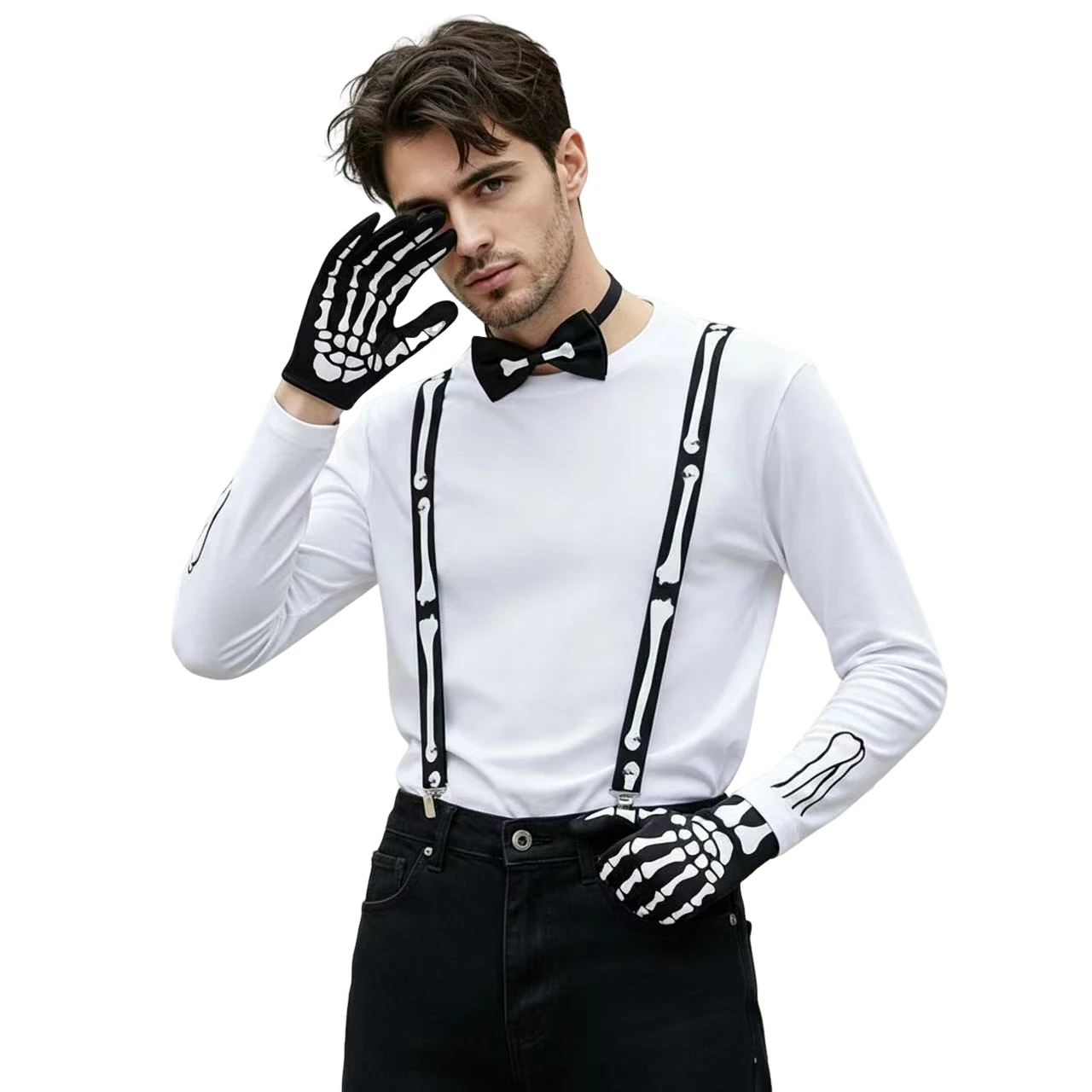 Halloween Skeleton Bone Print Suspenders Bow Tie Skeleton Gloves Set Gothic Cosplay Costume Accessories for Party Fancy Dress