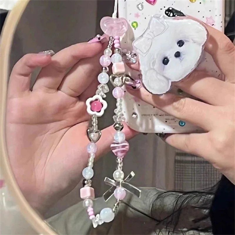 INS Pink Heart Flower Pearl Beads Phone Chain Pendant For iPhone Samsung Accessories For Girl Jewelry Strap Lanyard Hanging Cord