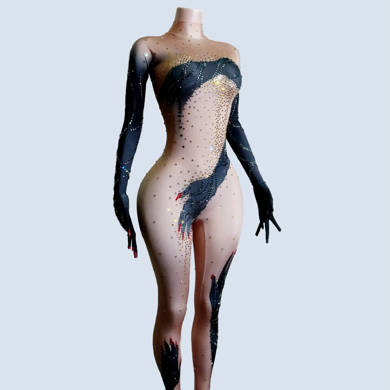 

Stage Clothes Sexy Black Printed Rhinestones Jumpsuits Long Sleeve Club Performance Outfit Gogo Dancer Drag Outfit NightClub Dj