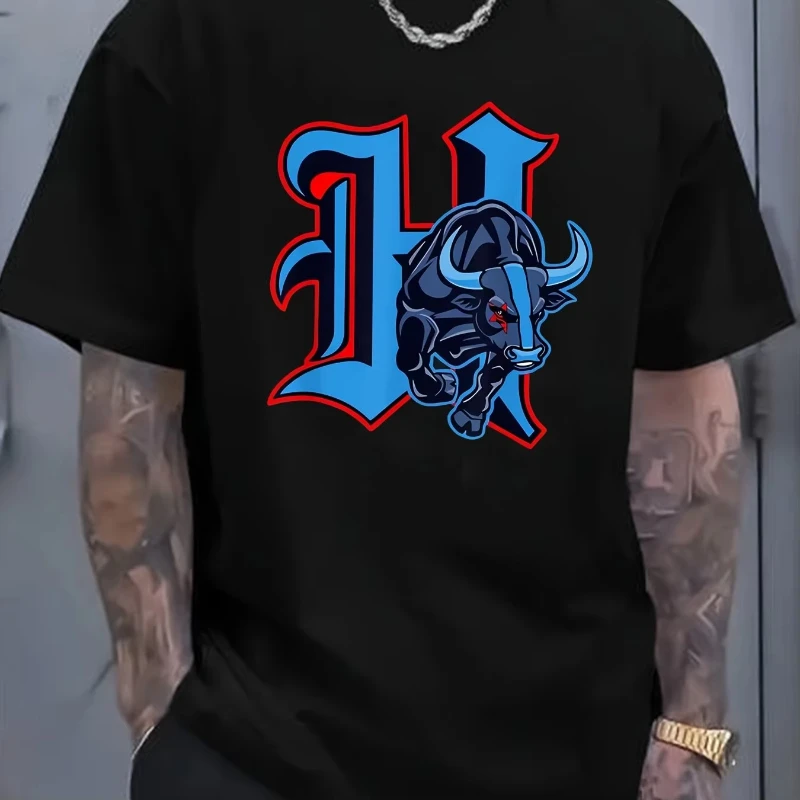 

2025 Мужская футболка с принтом быка, 100% чистый хлопок, летняя свободная посадка, круглый вырез, короткий рукав, смелая модная повседневная спортивная одежда