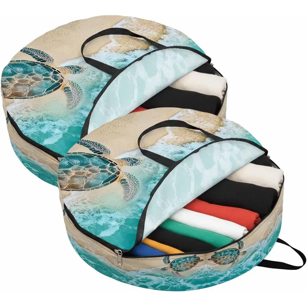 24 Inch Round Storage Bag 2 Pack,Sea ​​turtle Summer Beach Waterproo Wreath Storage Container with Handles&Zipper Ocean Blue Wat