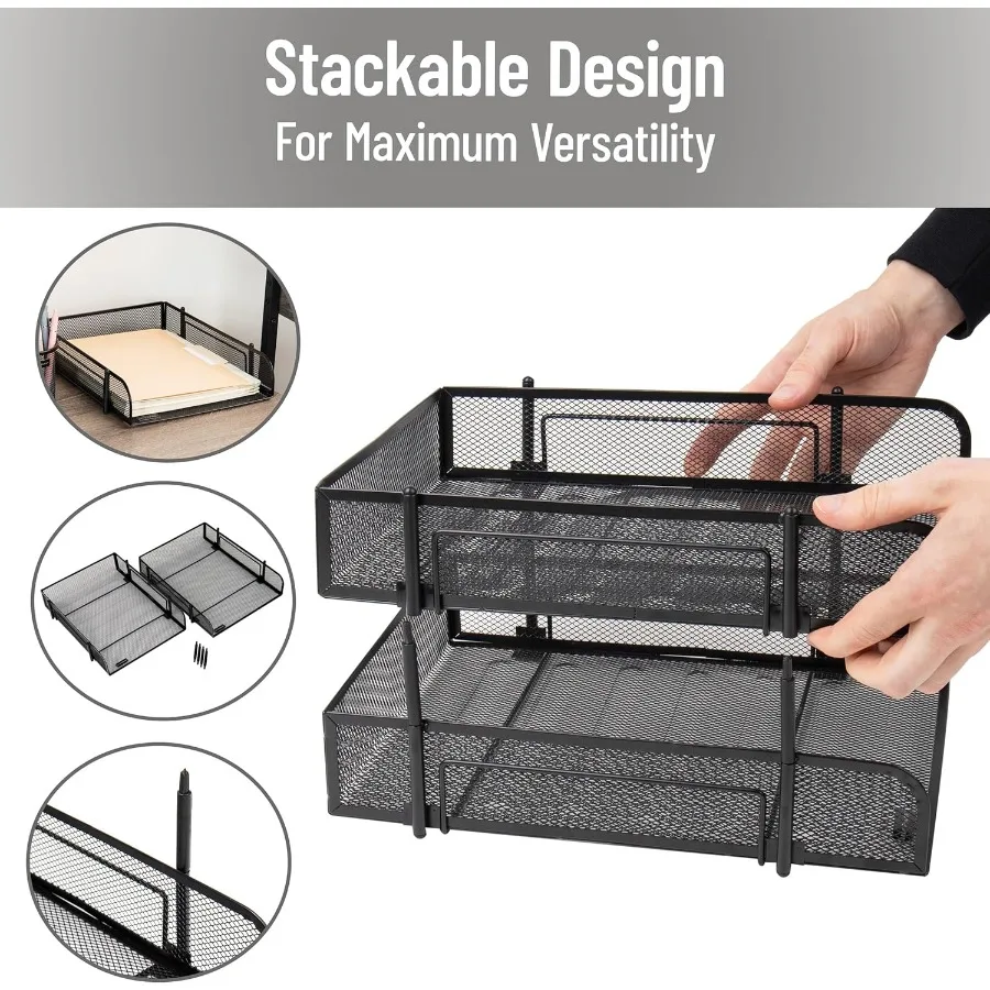 منظم سطح المكتب لعلبة الورق القابلة للتكديس لتخزين الملفات المكتبية مع تصميم شبكي معدني، مجموعة عملية وأنيقة مكونة من قطعتين في Bl #5