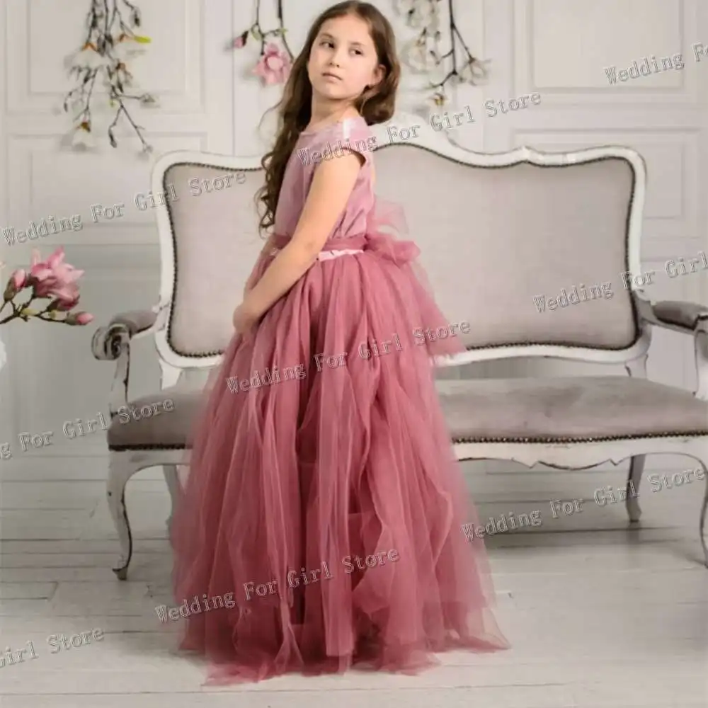 Vestido con espalda descubierta en forma de corazón rosa para niña, Top de terciopelo de tul para niña pequeña, vestido de fiesta de boda para niña, vestido de cumpleaños para niño con lazo