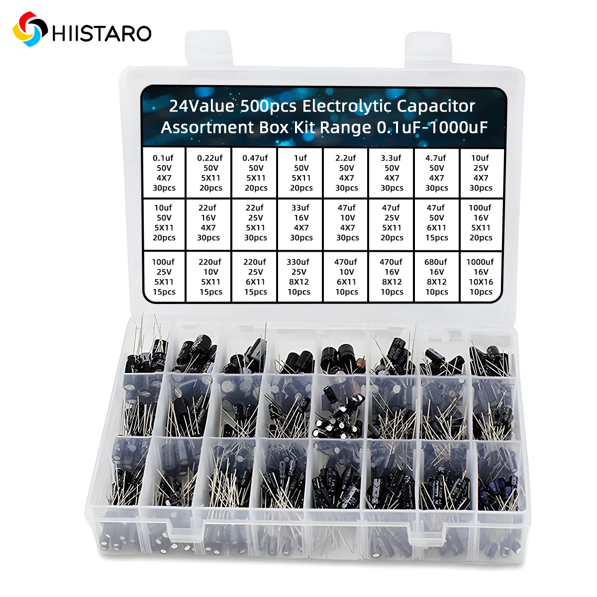 

500Pcs/lot 0.1UF-1000UF 24Values Aluminum Electrolytic Capacitors 16-50V mix Electrolytic capacitor Assorted kit and storage box