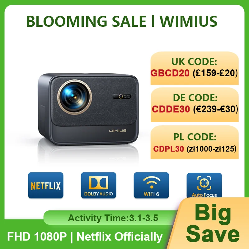 Wimius 넷플릭스 공식 자동 초점 키스톤 FHD 1080p 와이파이 6 블루투스 지지대 돌비 홈 시어터 프로젝터, 4k 30000 루멘