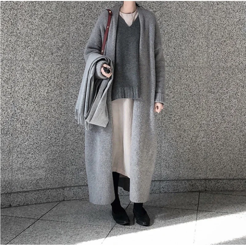 Cardigan Women Solid Loose Casual Regular Knee Length Coats Sweaters Knitted Full Sleeve Open Stitch Jumpers Splice Outerwear