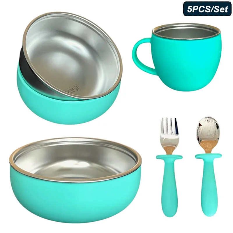 5Pcs Stainless Steel Baby Tableware Feeding Bowl Silicone Bowl Set Stainless Steel Spoon Fork With Silicone Handle Cup For Kids