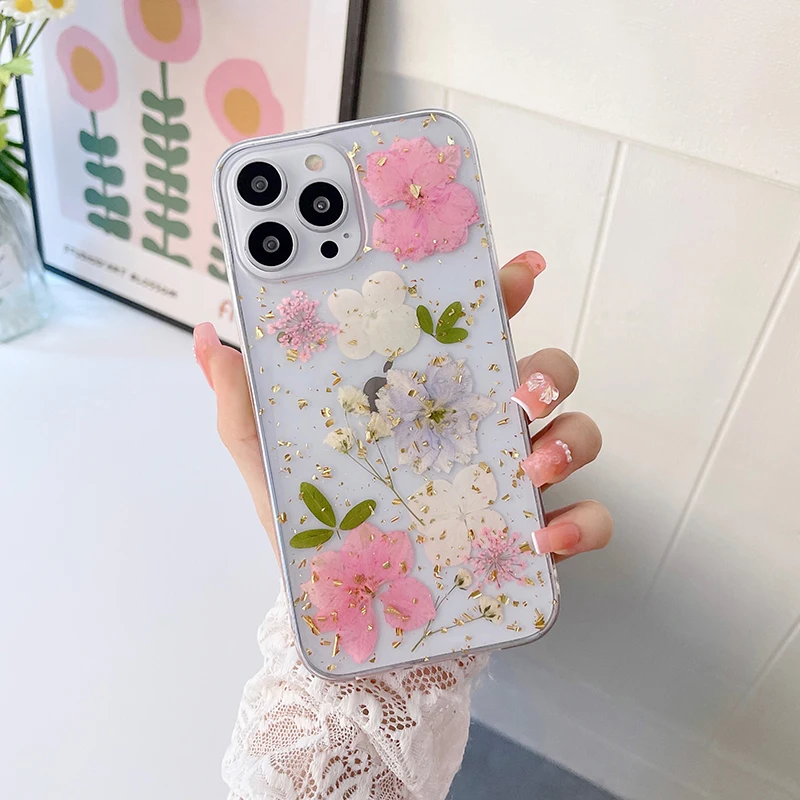 Qianliyao Real Dry Flower Gold Foil Case For iPhone 16 15 14 13 12 Pro Max  7 8 Plus Phone Case For iphone 11 XR X XS Max Cover