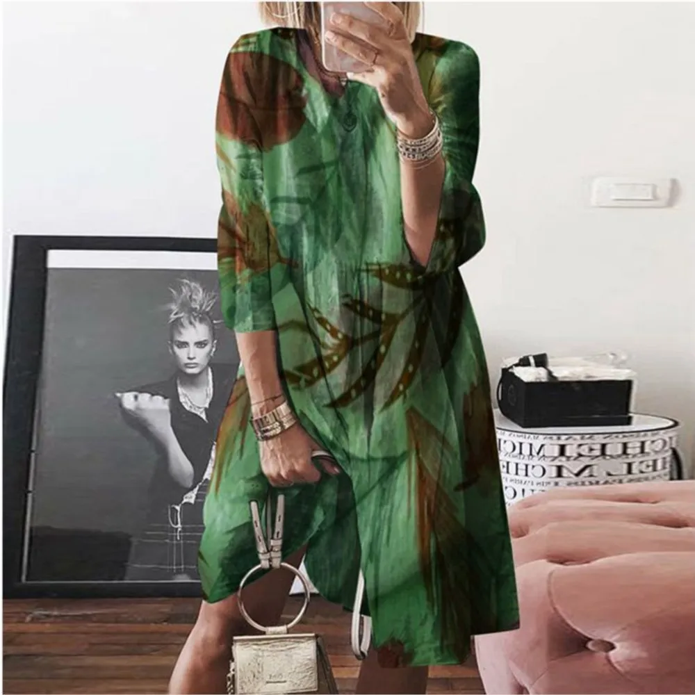 Fashionable Loose Butterfly Printed Large Swing Dress For Women\'s Autumn Digital Print Round Neck Long Sleeved Dress Femme Robe