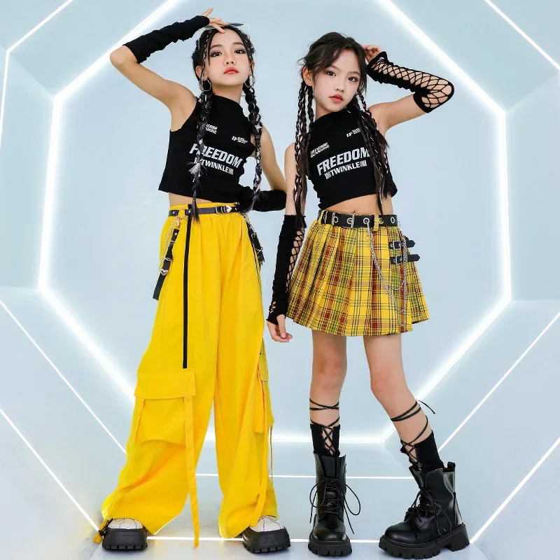 Girls Street Dance Clothing Hip Hop Cool Vest Suit Yellow Pants Plaid Skirt Cheerleading Performance Costume Kpop Stage Outfits