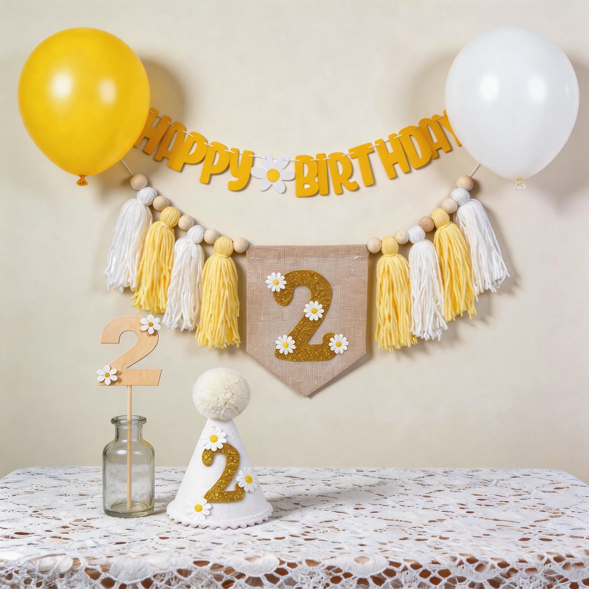 Frühlings-Gänseblümchen-Thema 2. Geburtstags-Banner, Hochstuhl-Banner mit Quastenkranz, 2. Geburtstags-Tüllhut, Kuchendekoration – Detail 7