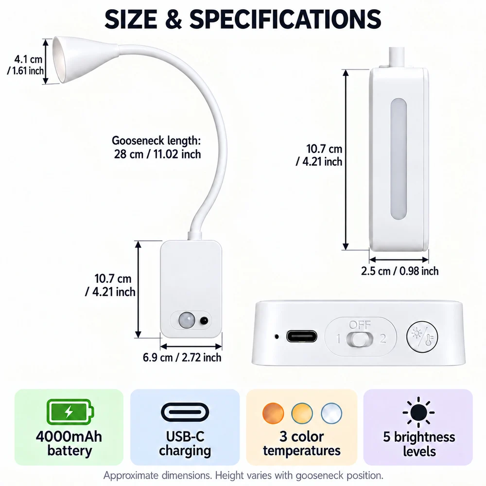 4000mAh Rechargeable Magnetic LED Reading Light with Remote & Motion Sensor Night Light 3 Color Temps Dimmable Wall or Desk Lamp view 3