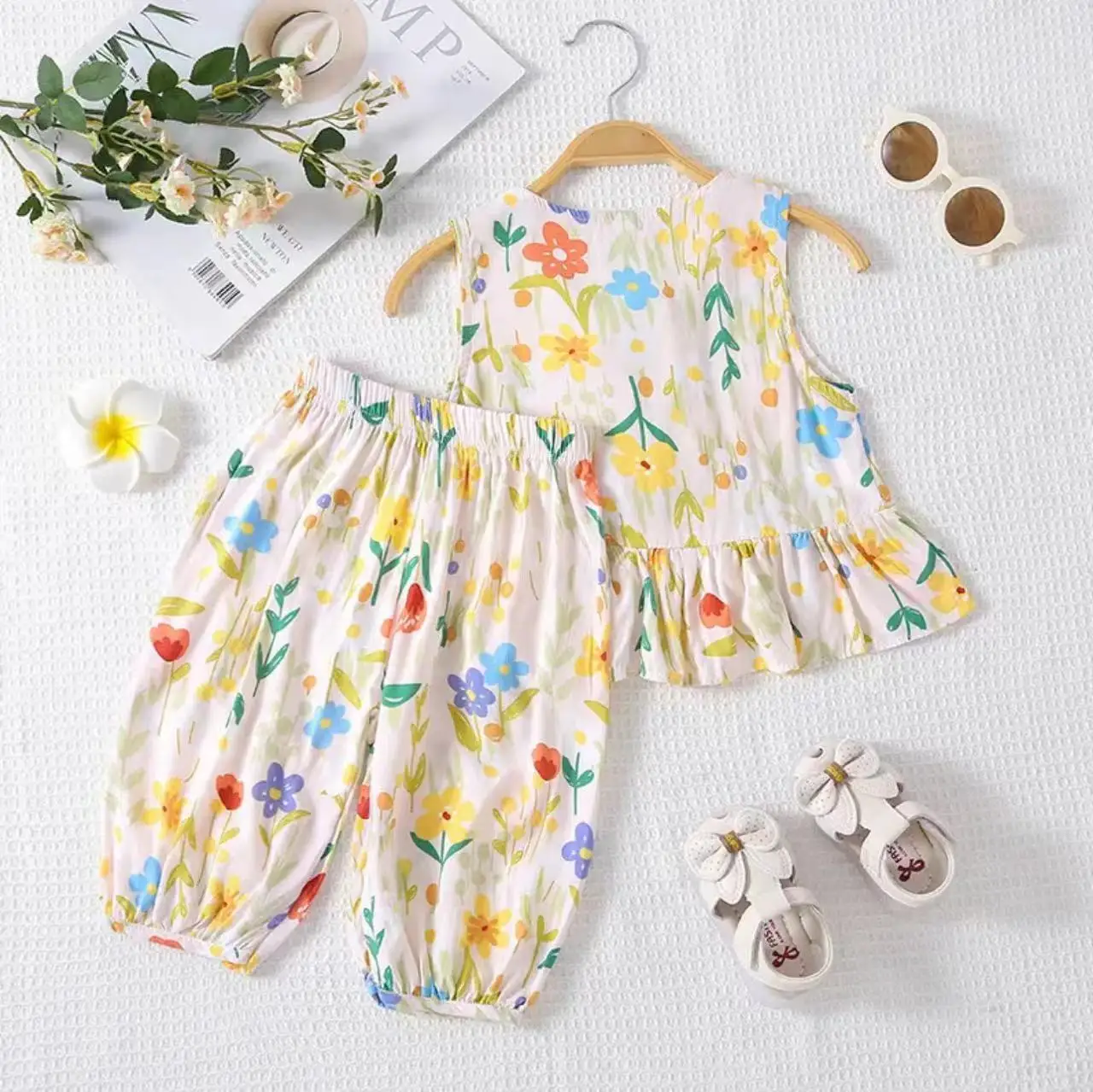 Humor Bear Girls Clothing Summer Stylish Outfit Printed Silk Vest + Cropped Pants Casual Kids Clothing Two-piece Set