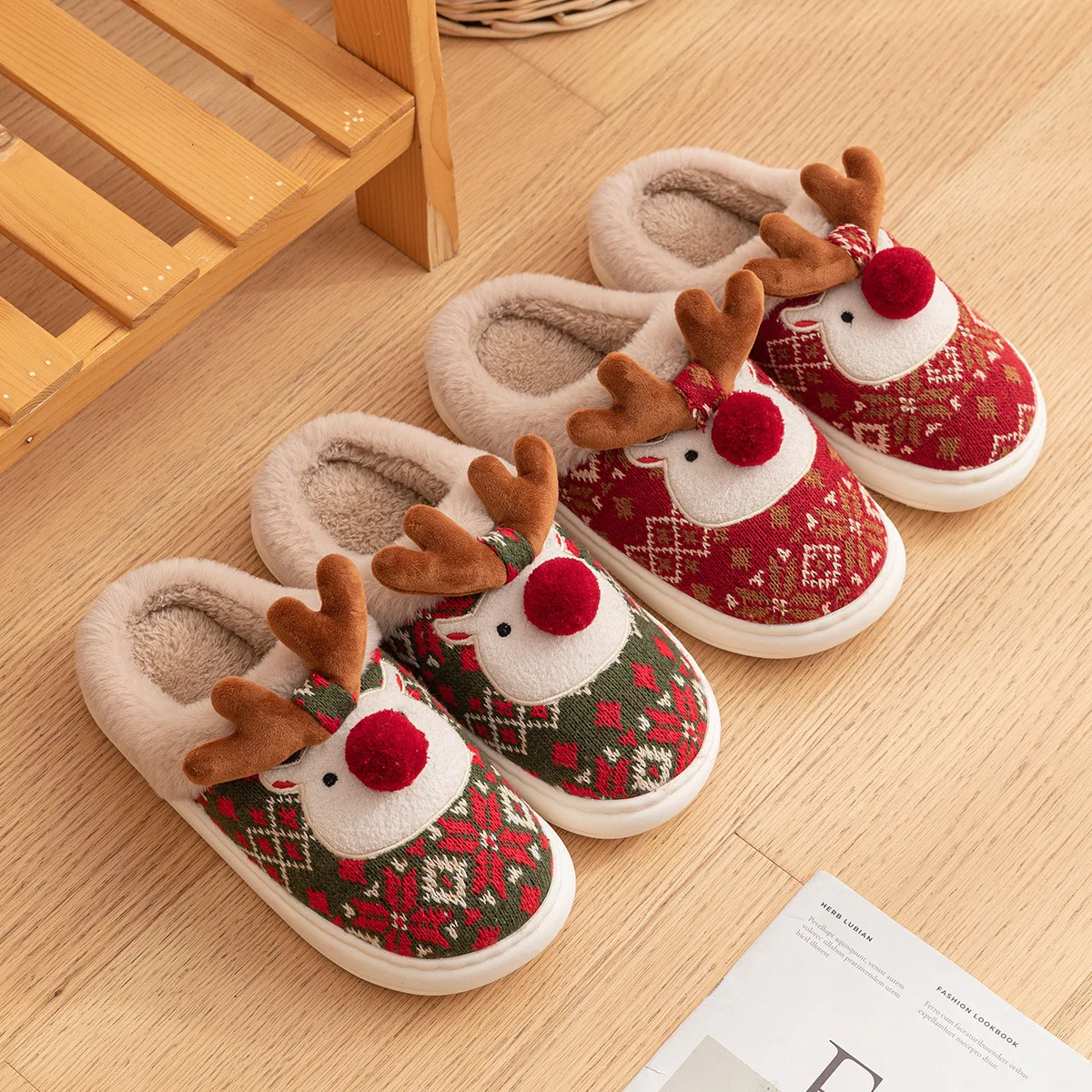 Christmas reindeer Winter Warm Slipper Women Christmas Platform Fluffy Plush Indoor Female Furry Home House Fuzzy Shoe Flat Men