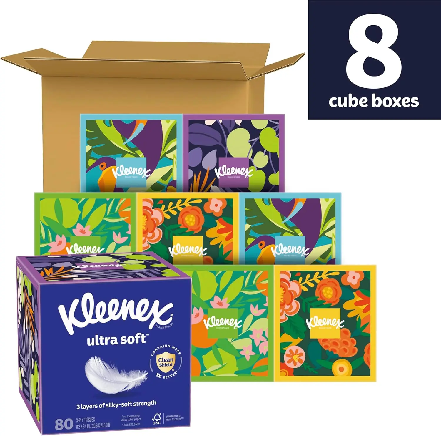 Ultra Soft Facial Tissues, 8 Cube Boxes, 80 Tissues per Box, 3-Ply, Packaging May Vary