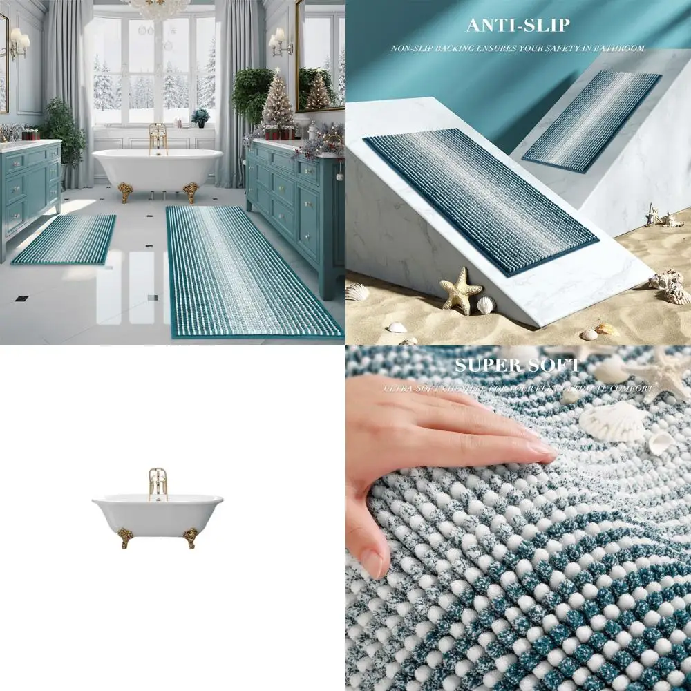 

Thick 2-Piece Chenille Bath Mat Set - Non-Slip, Soft Shaggy Floor Mats for Bathroom, Machine Washable (Teal, 24x70 & 20x32)
