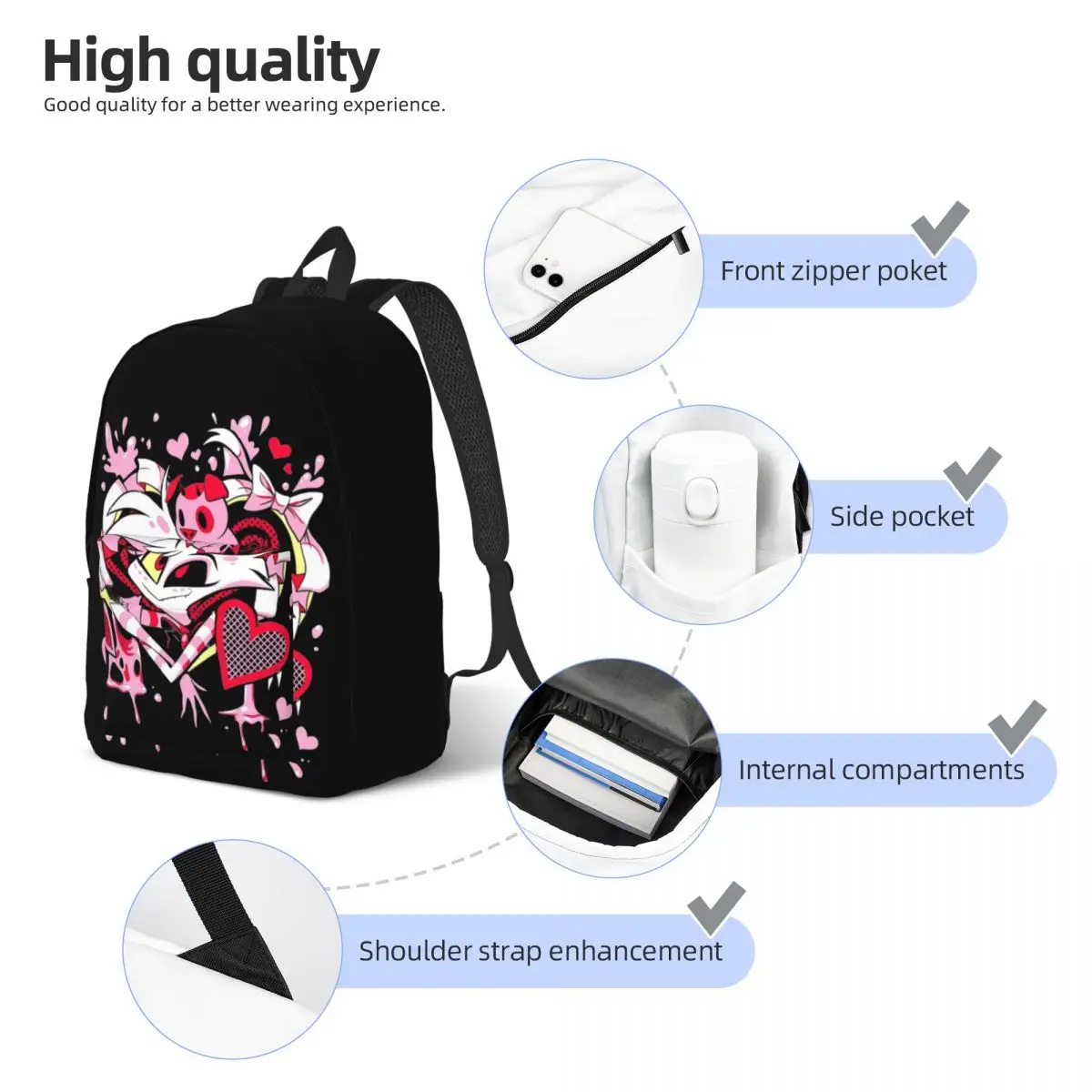 Hazbin hotel Angel Dust Heart zaino per uomo donna adolescente liceo Business Daypack Black Comedy College Canvas Bags