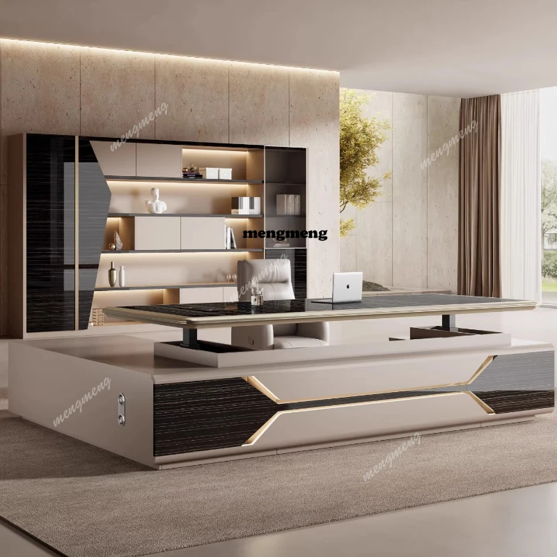 Intelligent electric lift boss desk With side cabinet High end luxury elegant computer desks office table schreibtisch furniture