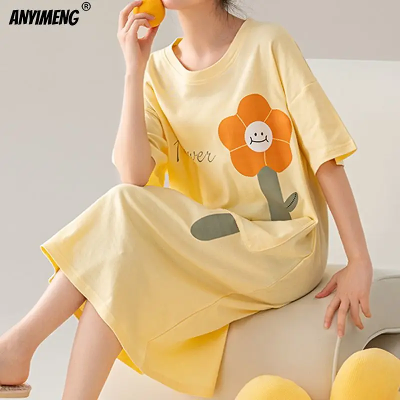 100% COTTON!  Summer Women New Cartoon Nightgown Brand New Anti-bacterial HQ Nightdress Short Sleeves Sleepshirt Casual Dress