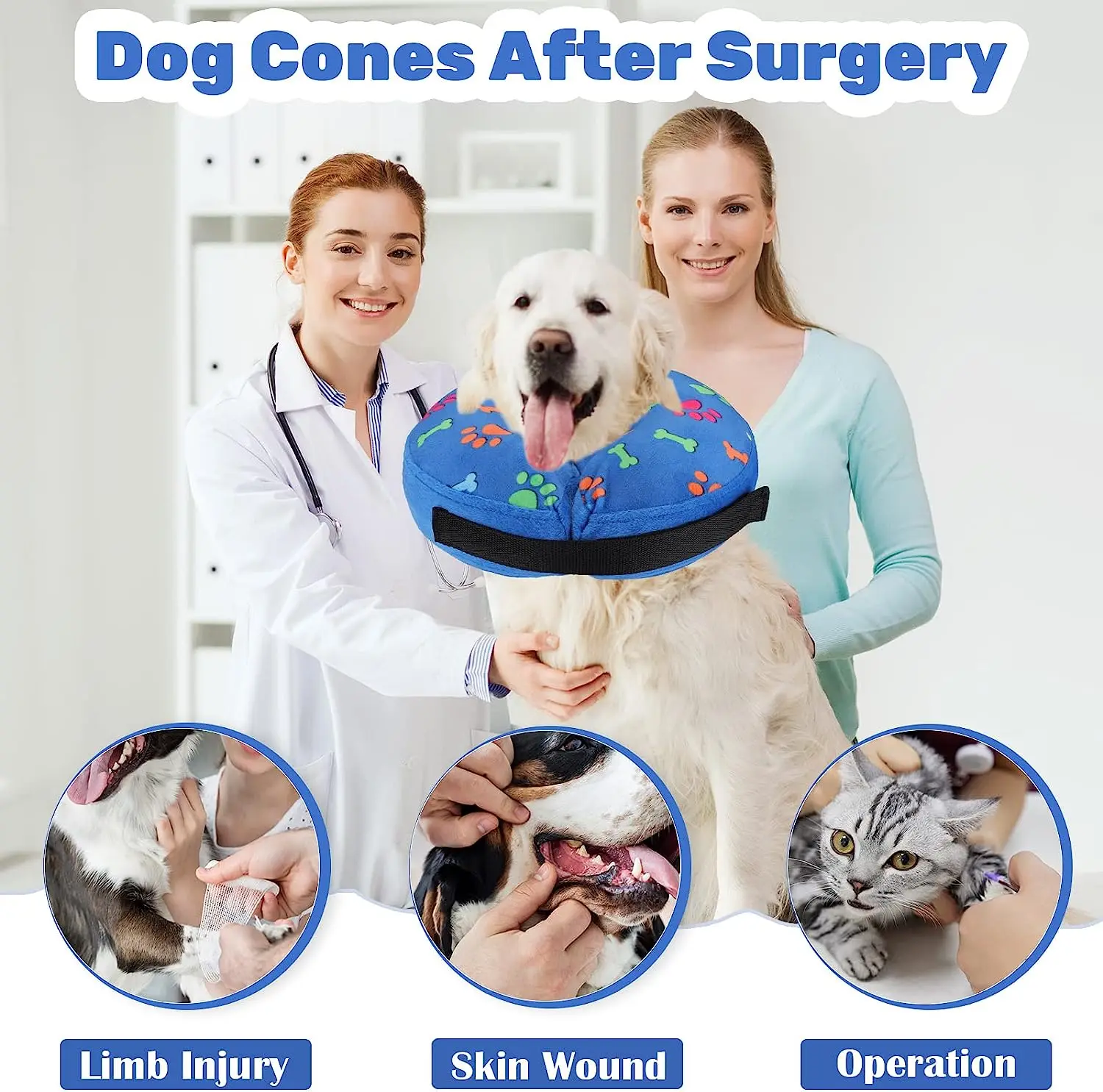 Dog Inflatable Cone Collar Adjustable Washable Pet Recovery Cone After Surgery Protective Collar for Large Medium Small Dogs Cat