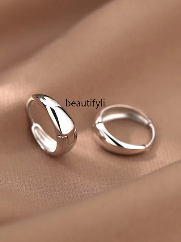 S925 sterling silver round plain ring earrings light luxury simple premium anti-allergic ear buckle