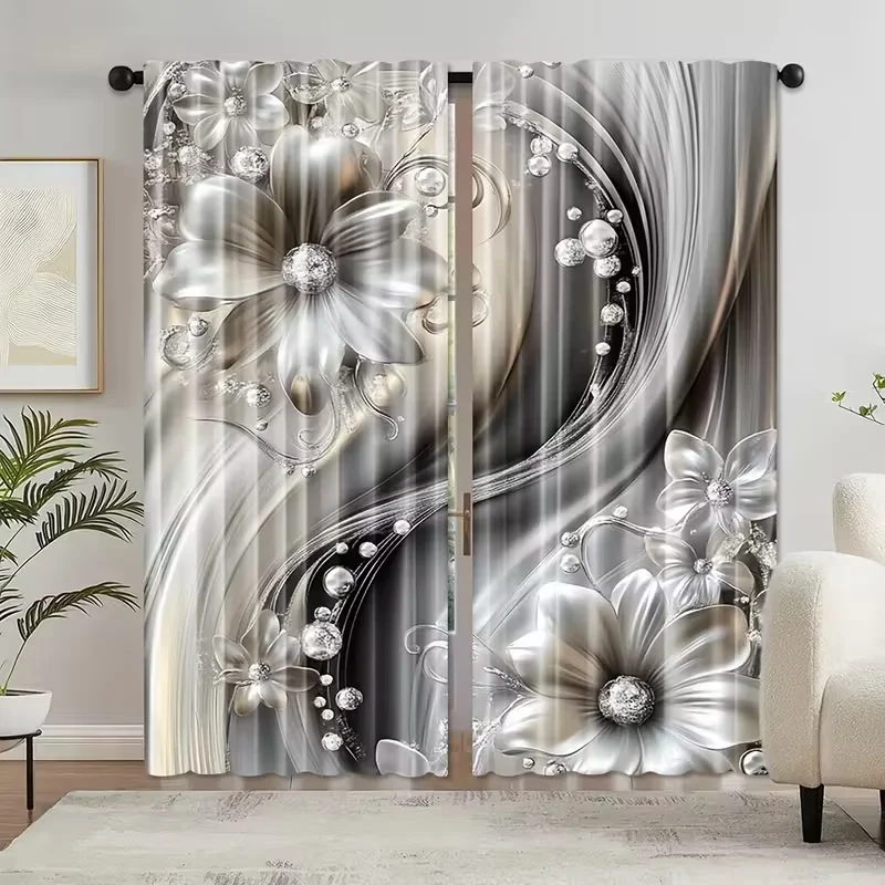 2PCS glass silver silk printed curtains, pole bag design, privacy protection, suitable for decorating various scenes