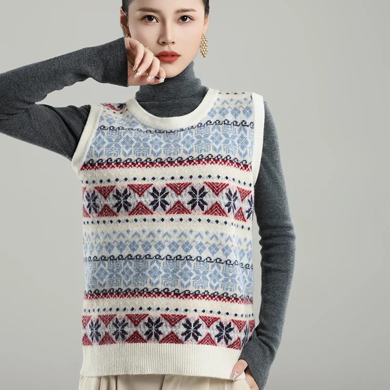 100% Merino Wool O-Neck Vest Women's Knit Pullover Sweater Coat 2024 Autumn/Winter Fashion Retro Jacquard Tank Female Clothing