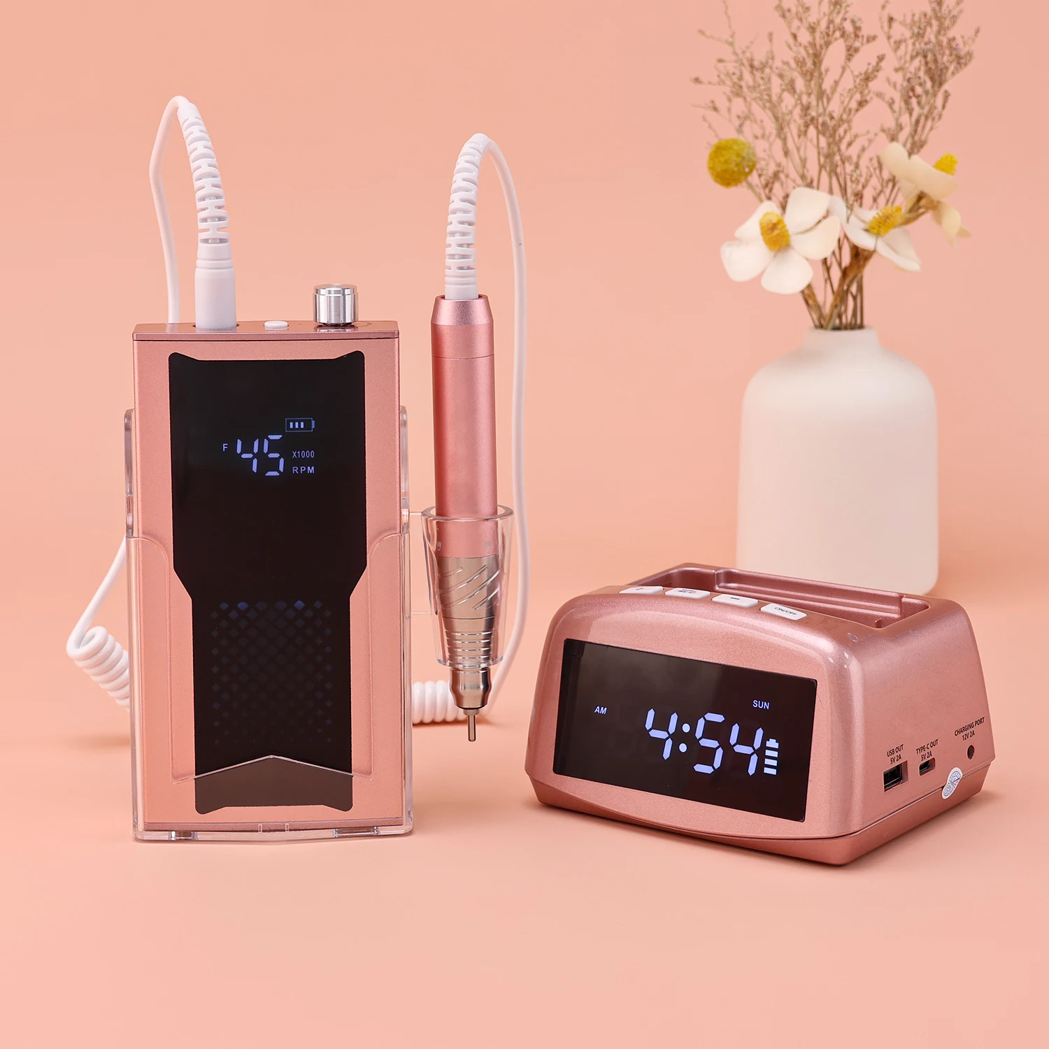 45000RPM Rose Gold Cordless Nail Drill Machine 85w Brushless Electric Nail File Nail Supplies Manicure with Charging Clock Base
