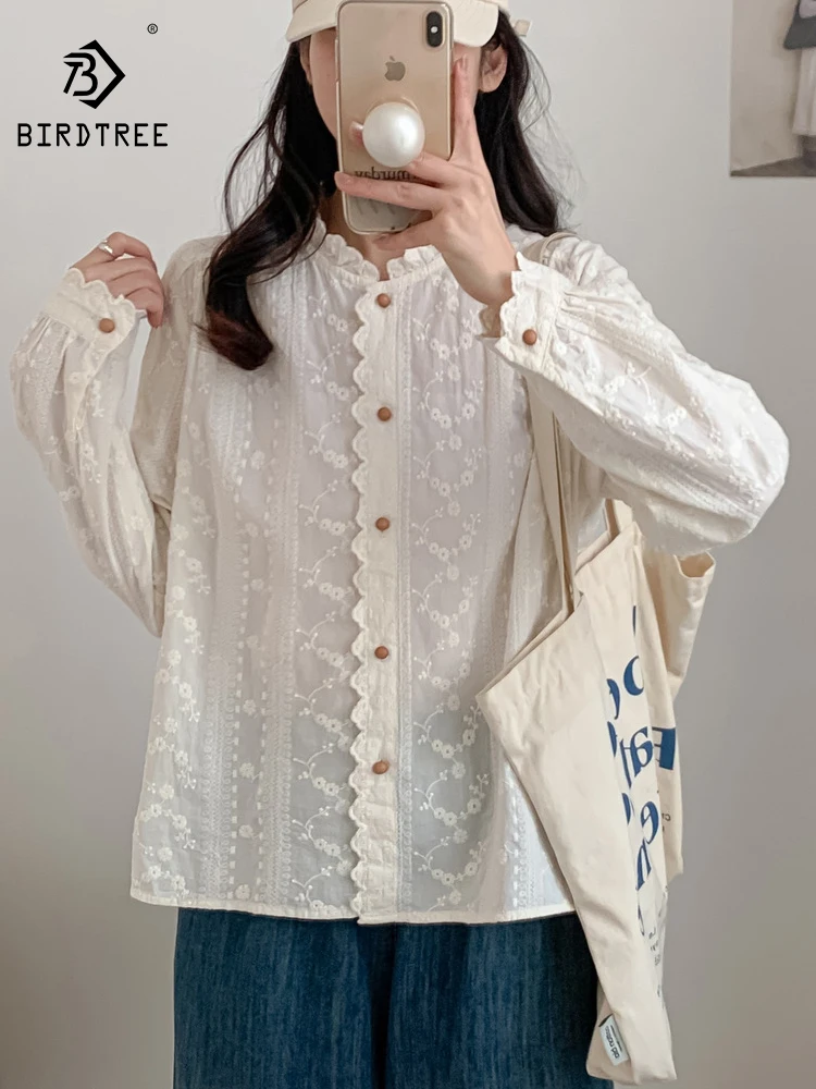 

New 2026 Spring Cotton Long Sleeve Shirt, Women Stand Lace Ruffles Patchwork, Mori Girl Age Reduction Chic Loose Blouse T61717CC