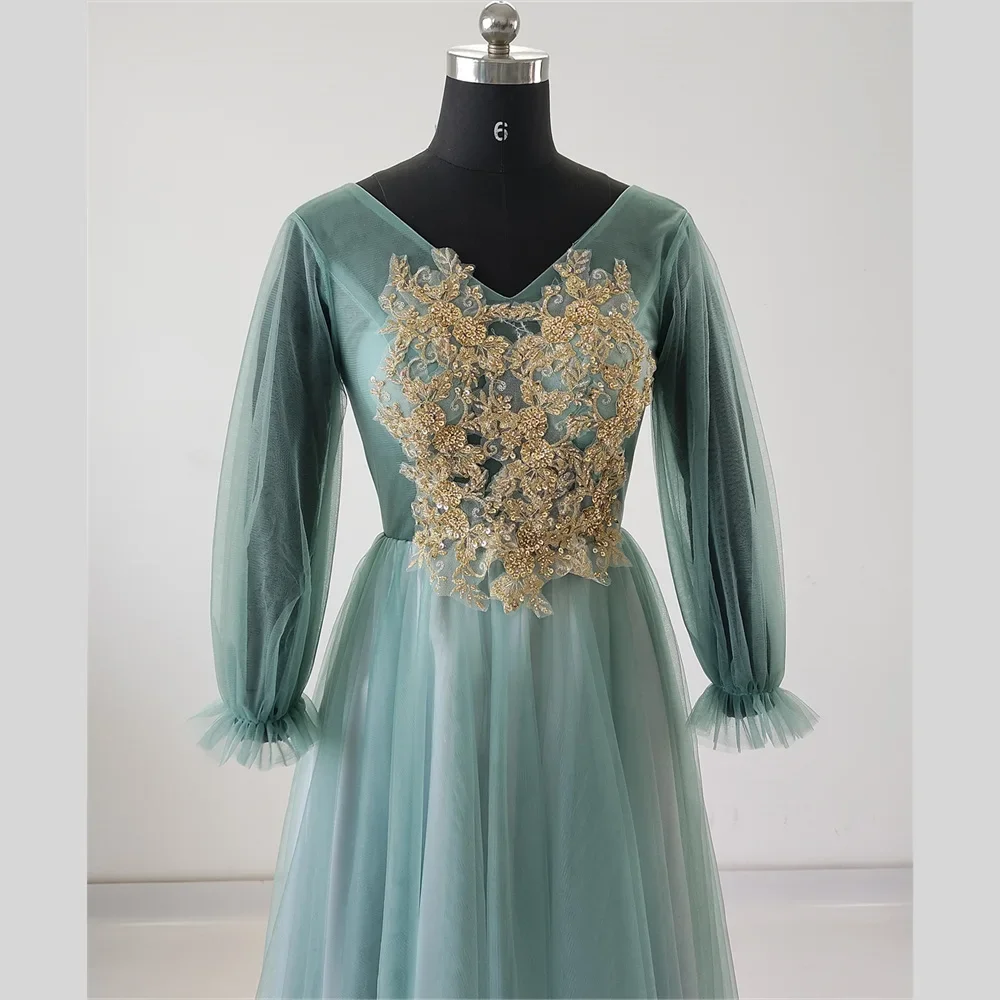 Gaun Prom hijau Tulle emas Appliques V-neck lengan penuh A-line panjang teh ukuran Plus kustomisasi gaun Formal pesta wanita