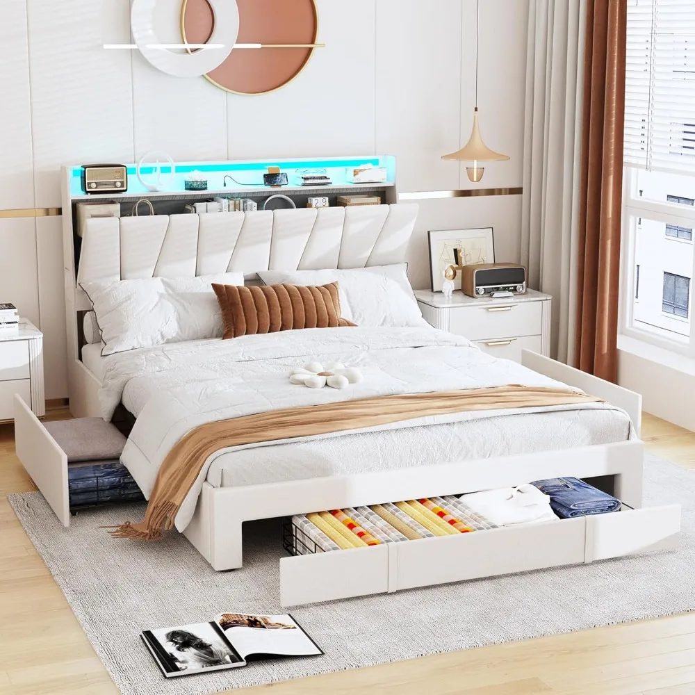 Full Size Bed Frame with Storage Headboard and 3 Drawers,Upholstered Platform Bed with Charging Station image 3
