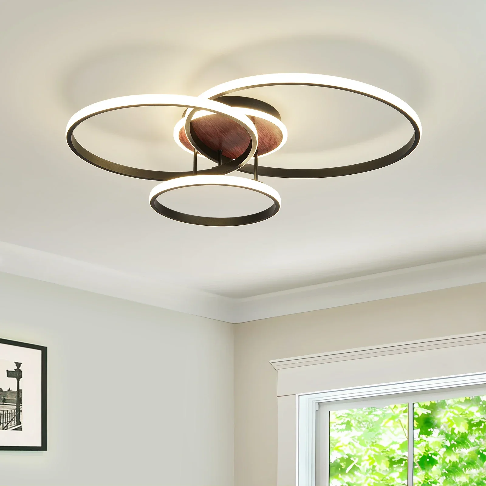 

LED Ceiling Light 3-Ring Black Modern 4000K Neutral White 48W Flush Mount Modern For A Lower Ceiling No Assembly