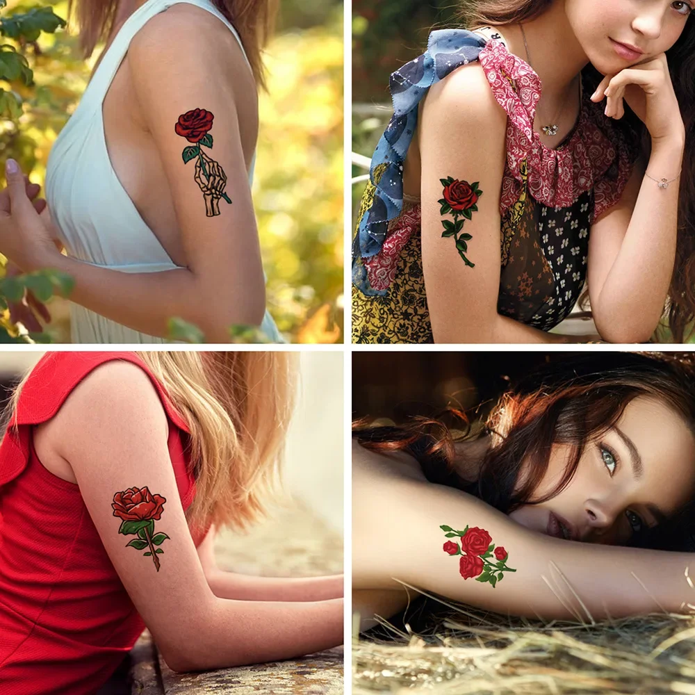8 قطعة/المجموعة الأحمر روز الوشم المؤقت للنساء الفتيات وهمية لصاقات وشم الذراع الكاحل الجسم الفن Tatouage Temporaire فام مقاوم للماء