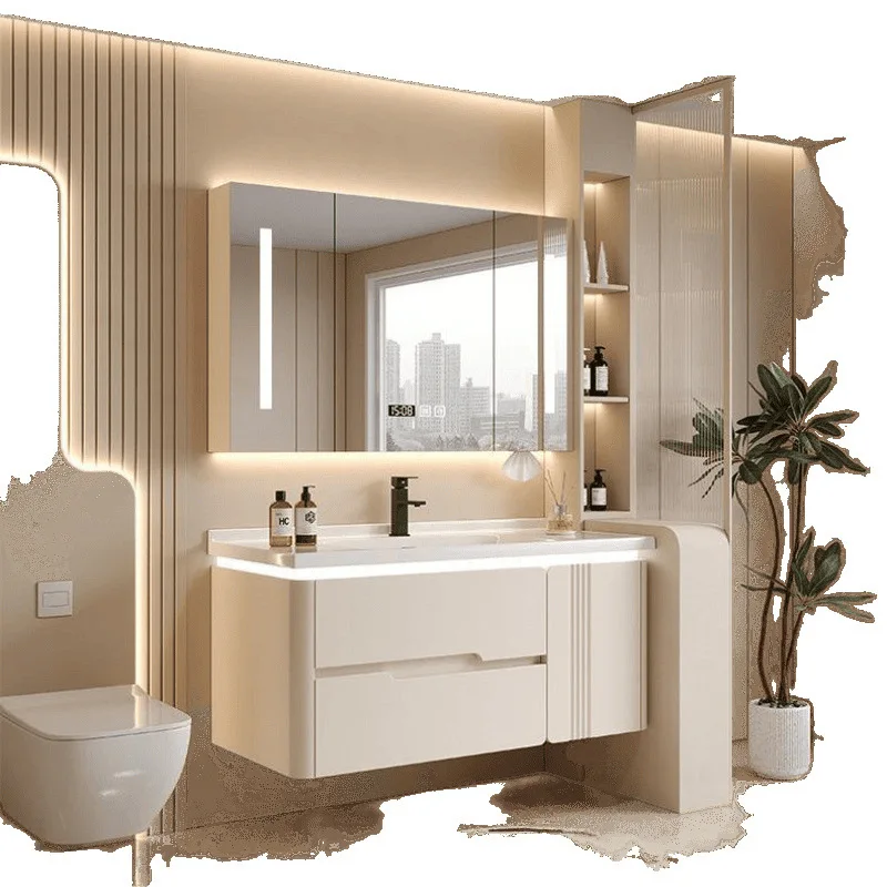 Oak cream ceramic hand wash basin integrated bathroom cabinet combination simple wash smart washbasin toilet