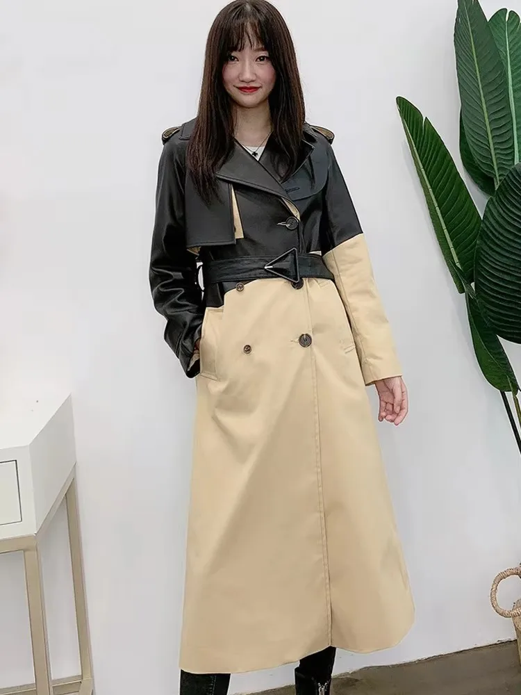 사무실 레이디 우아한 정품 가죽 트렌치 패션 패치 워크 슬림 벨트 더블 브레스트 양피 코트 streetwear 여성 오버 코트
