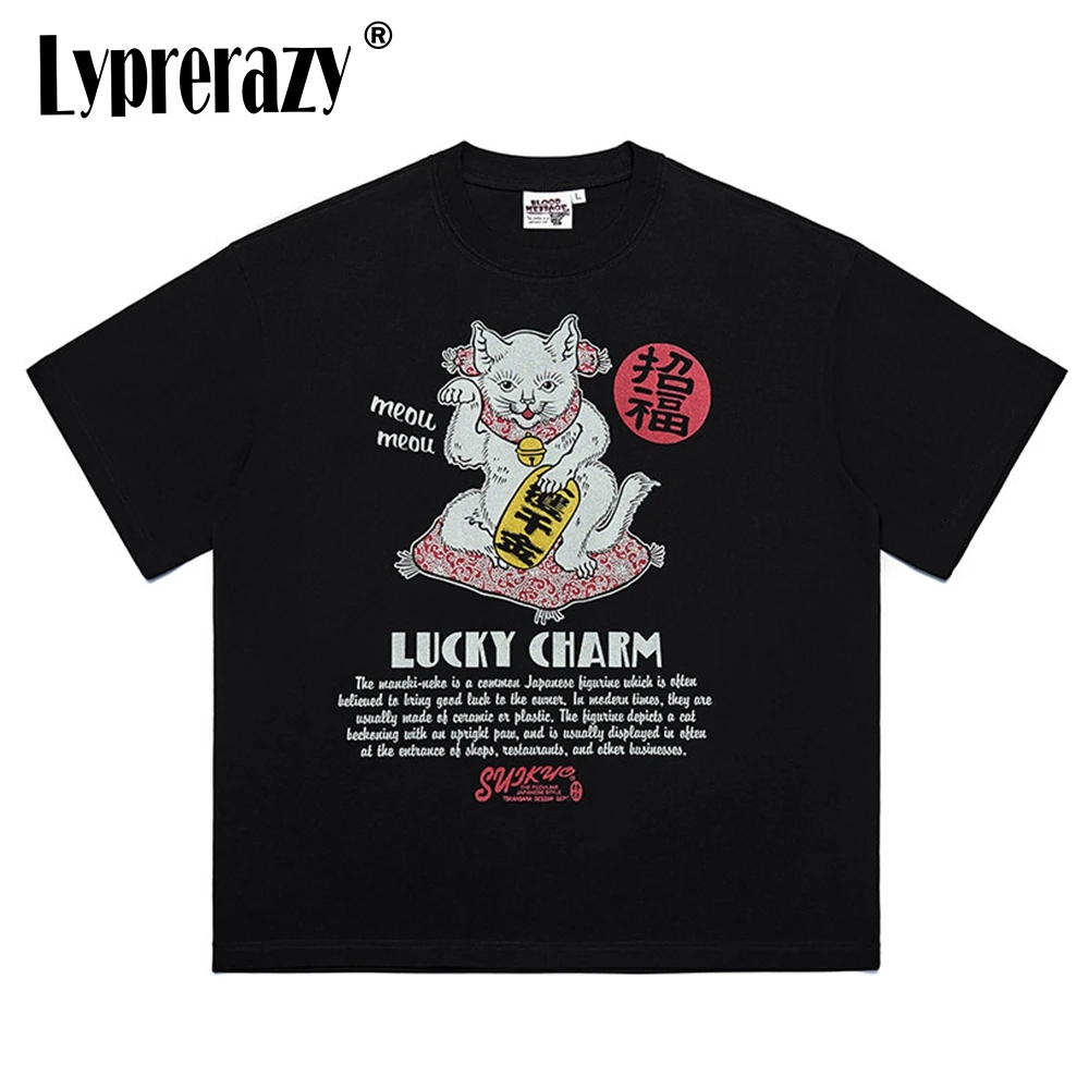 

Летняя футболка Lyprerazy в японском стиле с принтом Lucky Cat, хлопковая футболка с короткими рукавами и круглым вырезом для пар, хлопковая футболка с короткими рукавами