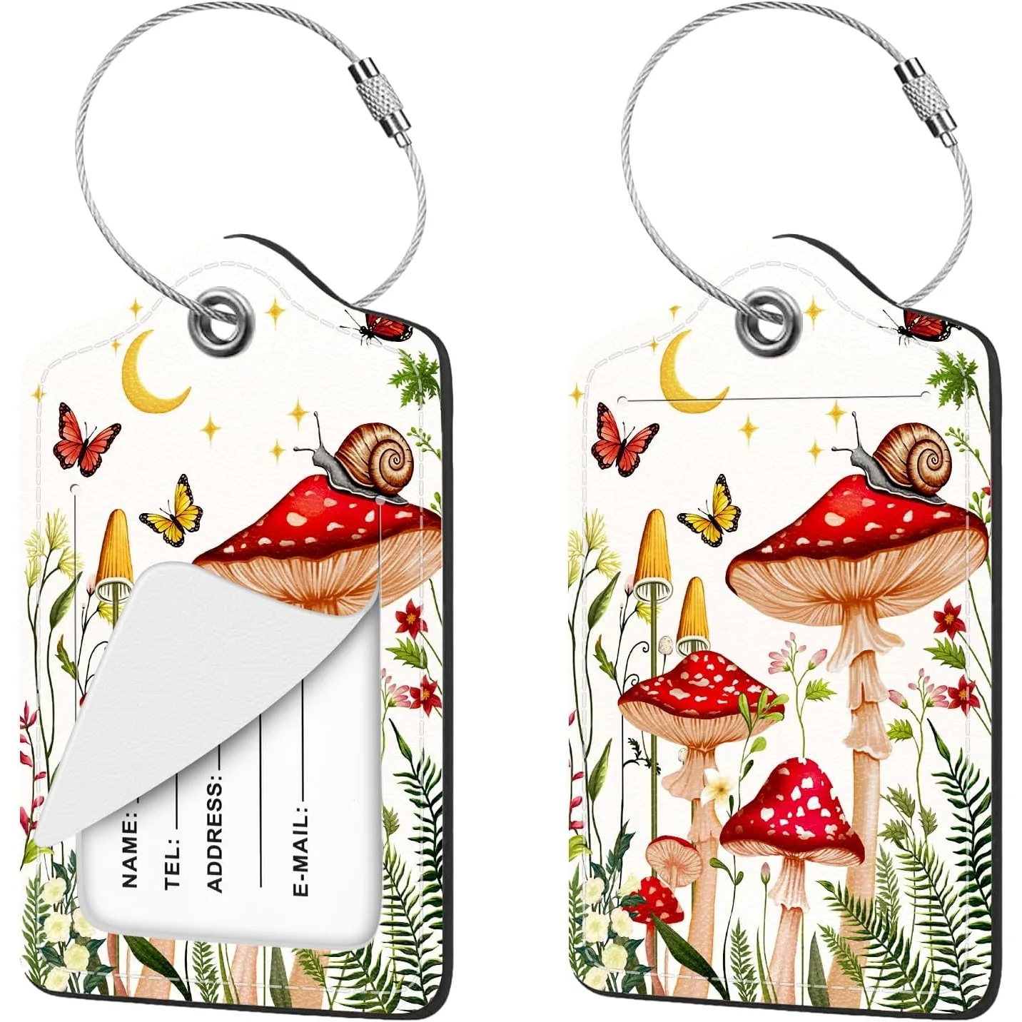 Mushroom Butterfly Cute PU Leather Suitcase Tag Privacy Cover ID Label with Metal Loop Personalized Baggage Identifier