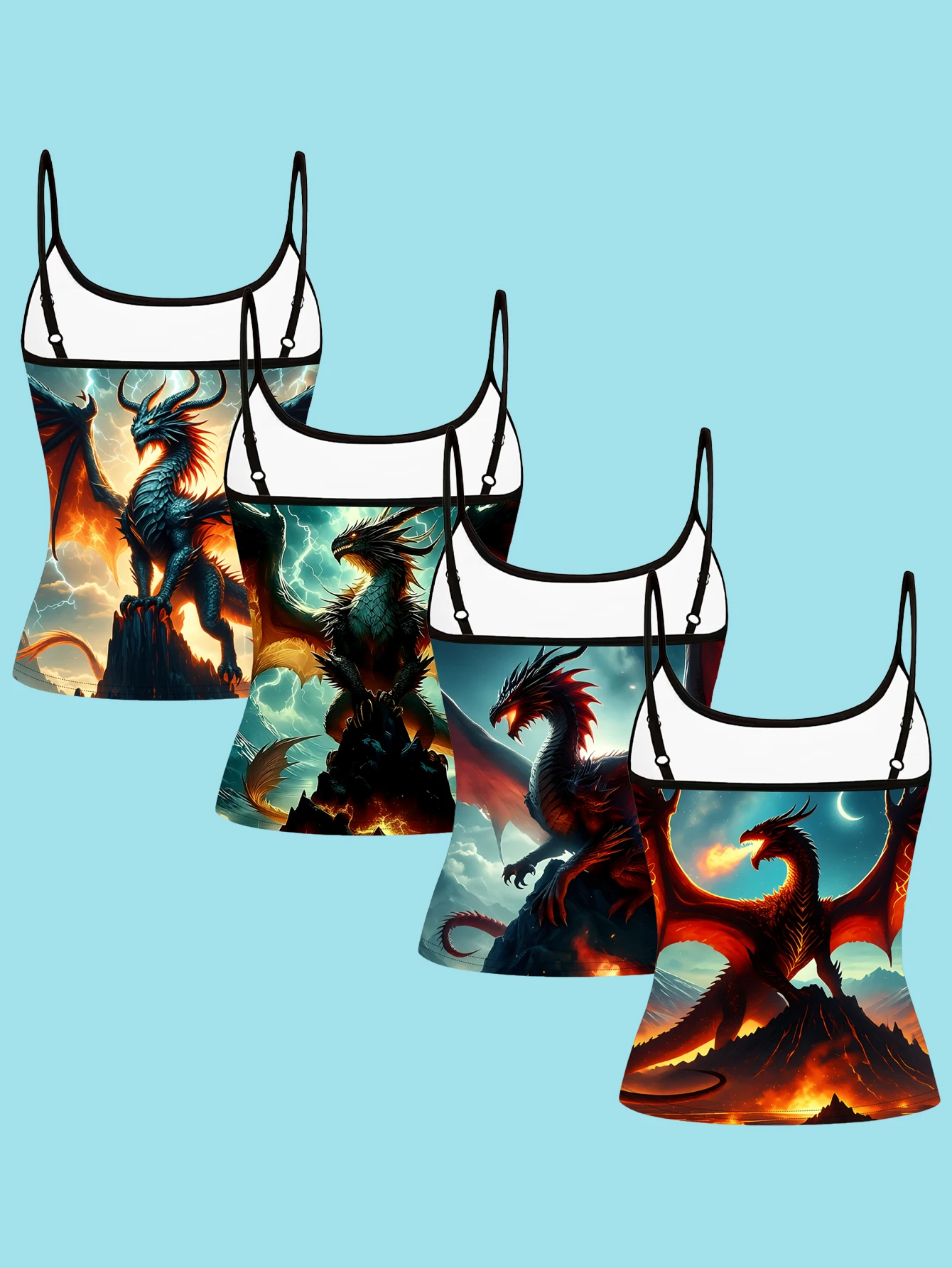 4-Piece Set of Thunderstorm Fire Dragon Print Camisoles, Fantasy Dragon Lightning Volcano Spaghetti Strap Sleeveless Tops, Dark Style Slim Fit Inner and Outer Wear Vest Set