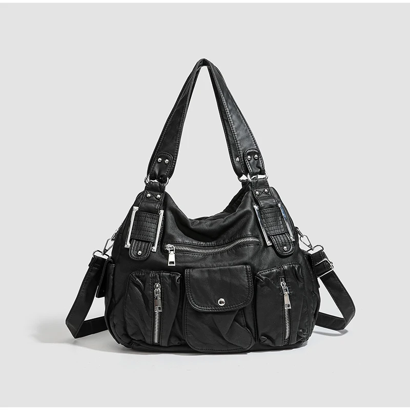 

Y2k Motorcycle Hobo Bag, Black Vintage Leather Tote, Multi-pocket Large Capacity Crossbody Bag With Rivets, Casual Shoulder Bag
