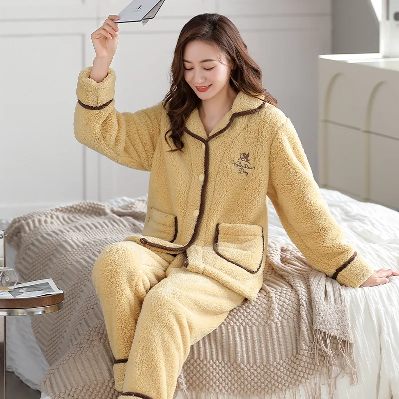 Coral Velvet Couple Pajamas Thickened with Velvet Warm Flannel Fall Winter Homewear Set Cosy Thermal Pajamas Both Men Women